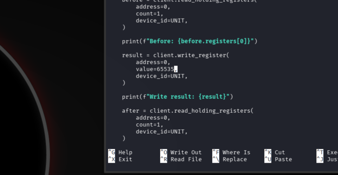 test_write.py script showing value location for 65535 edit